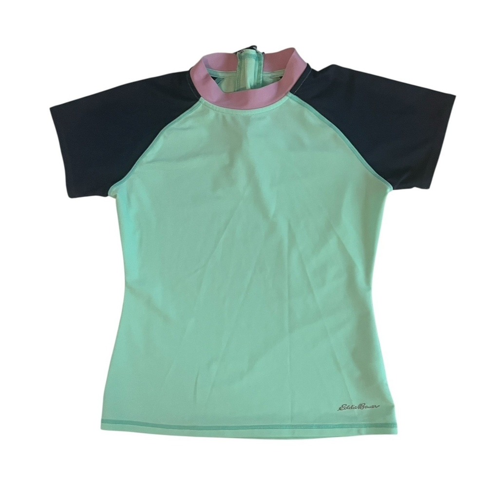 Eddie Bauer Girls Size M 10/12 Rashguard Sea Green Navy Purple Short Sleeve